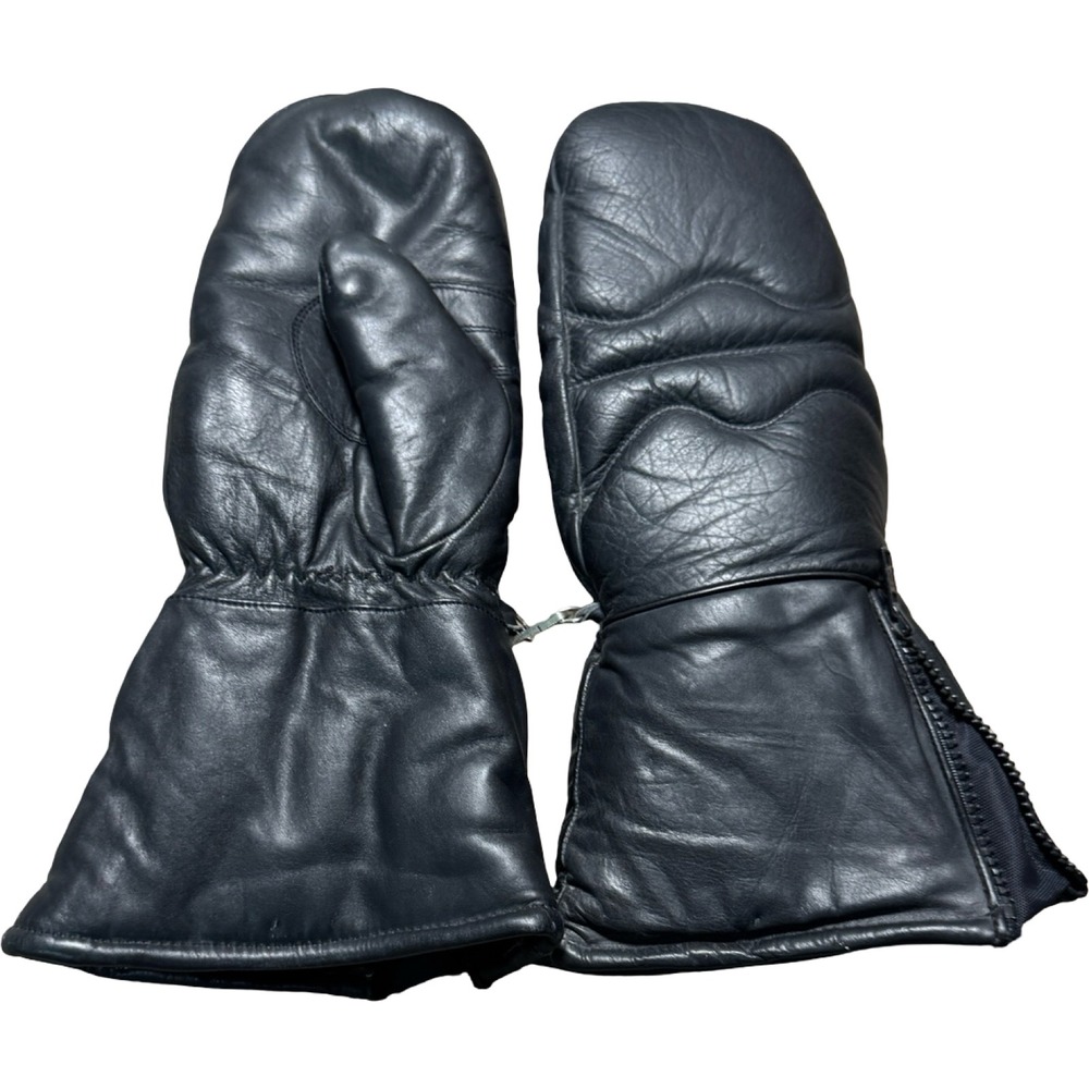 Vintage Black Leather Snowmobile Mittens 3M Thinsulate Made USA Zip Gauntlet
